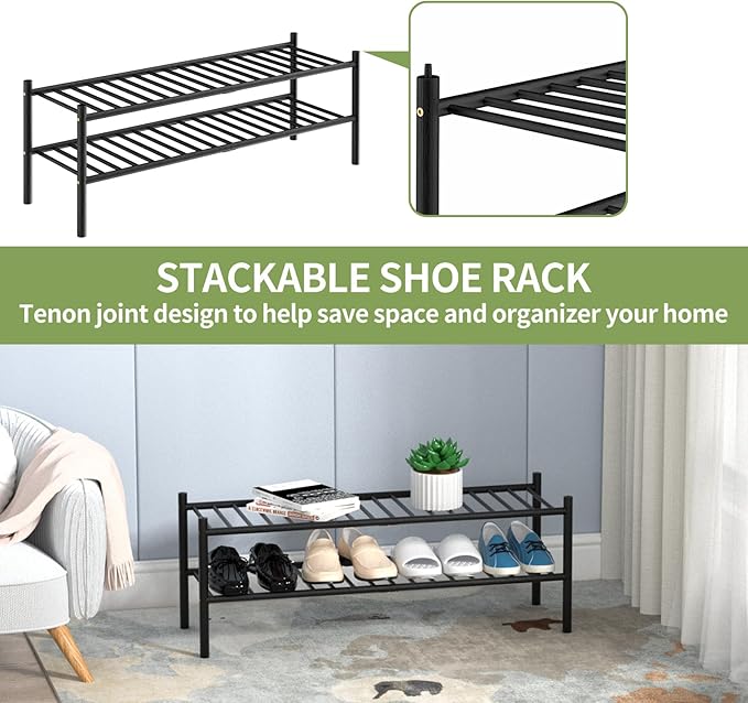 2-Tier Bamboo Long Shoe Rack, Free Standing Wood Shoe Shelf Storage Organizer for Closet Entryway Stackable 35"x11"x13" (Black)-NeatNest