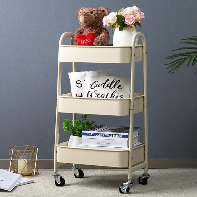 AGTEK Makeup Cart, Movable Rolling Organizer Cart,3 Tier Metal Utility Cart, Beige-NeatNest