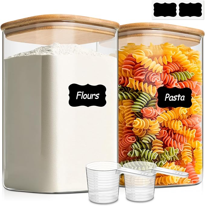 ComSaf 1.2 Gallon Wide Mouth Flour Sugar Storage Containers 2 Pcs, 4.6 Qt Glass Storage Containers with Lids, Large Pantry Glass Jar with Lid, Big Jars for Rice, Flour, Sugar, Cereal, Cookie, Coffee-NeatNest