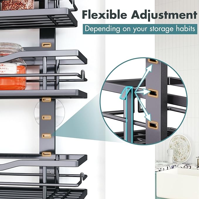 Over The Door Pantry Organizer，9-Tier Over The Door Organizer with Adjustable Basket，Metal Hanging Pantry Organizers and Storage for Kitchen, Back of Door Seasoning Rack (Black)