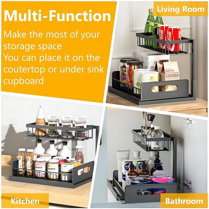 Under Sink Organizers and Storage 2 Tier Slide Out Kitchen Cabinet Organizer Sturdy Metal Bathroom Storage (Black, 1 Pack)-NeatNest
