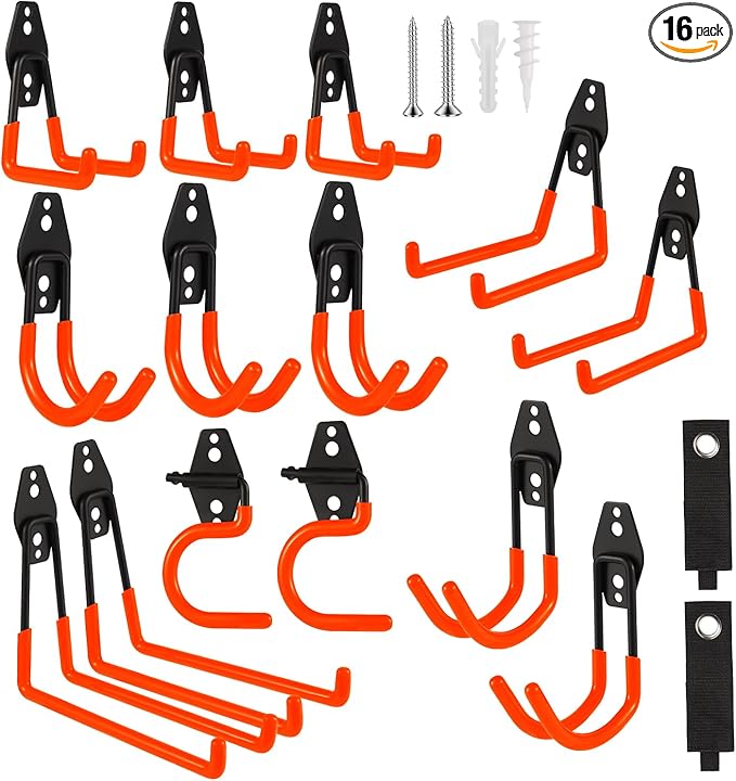 Garage Hook Heavy Duty Wall Storage Hangers, 16 Pack Garage Storage Hooks Steel Tool Organizer Orange for Ladders, Ropes, Garden Tools-NeatNest