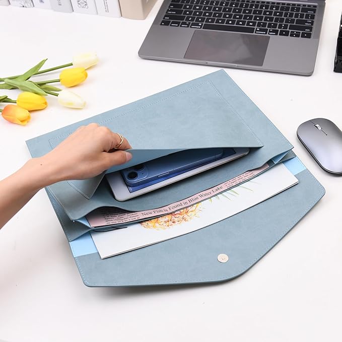 Wason Expanding A4 Document File PU Leather Envelope Case Holder-Large Size Pockets for Paper Bills Stationery Tablet and PC, Work Study Traveling (Light Blue)