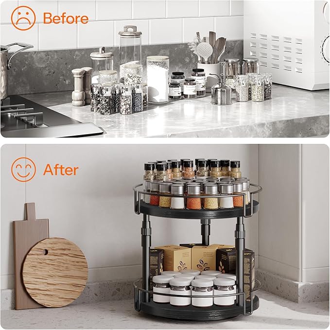 HOOBRO Lazy Susan Organizer Spice Rack, 2-Tier Height Adjustable Rotating Lazy Turntable Spice Organizer, for Kitchen Countertop and Cabinet, Black BB05TL01-NeatNest