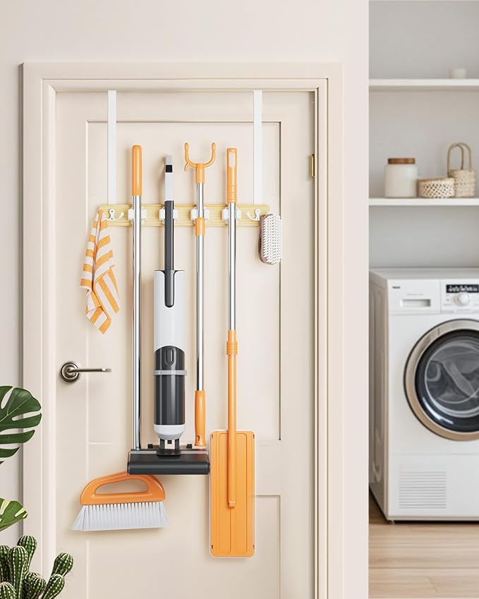 Mop and Broom Holder Wall Mount, No Drill Over the Door Broom and Mop Holder with 4 Slots and 2 Hooks, Wood Tool Hanger for Laundry, Cabinet, Kitchen, Garage