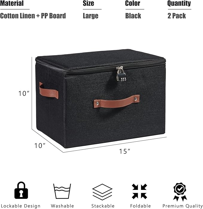 2PCS Storage Bins Boxes with Zipper Lid Combination Lock PU Leather Handles Cotton Linen Fabric Lidded Lockable Baskets Foldable Washable Closet Shelf Organizer Container (Black, Large)