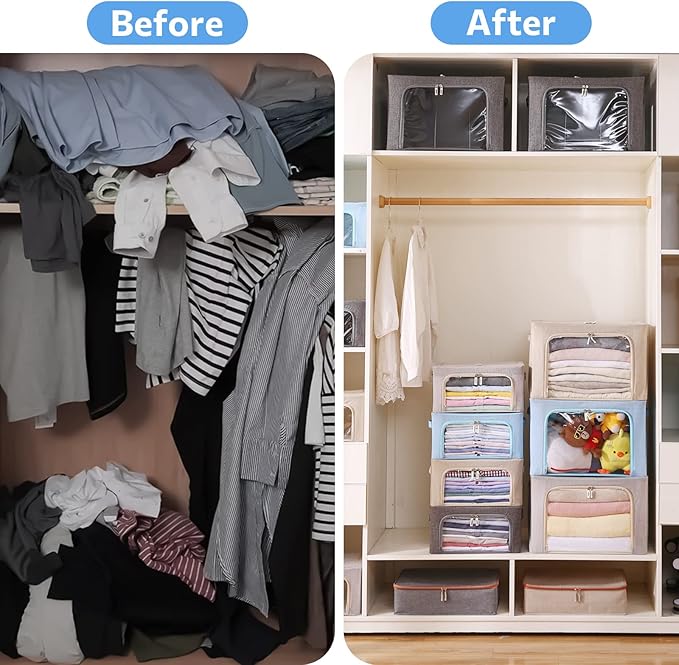 3Pack Foldable Storage Bins - Frame Storage Box Linen Fabric Stackable Clothes Container Organizer with Clear Window & Carry Handles Large Capacity (Small-22L, Beige)-NeatNest