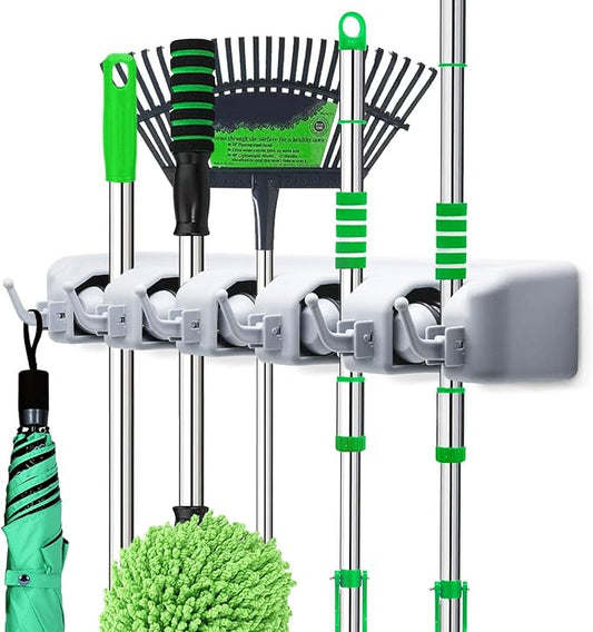 LETMY Broom Holder Wall Mounted - Mop and Broom Hanger Holder - Garage Storage Rack & Garden Tool Organizer - 5 Position 6 Hooks for Home, kitchen, Garden, Tools, Garage-NeatNest
