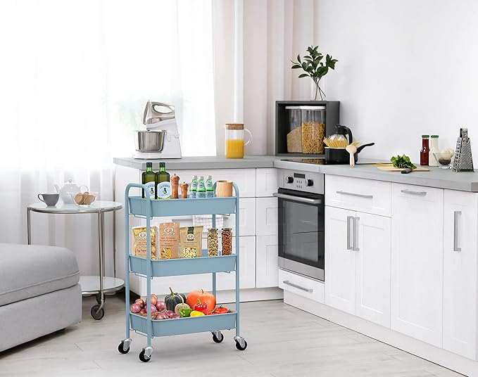 CAXXA 3-Tier Rolling Metal Storage Organizer - Mobile Utility Cart with Caster Wheels, Blue-NeatNest