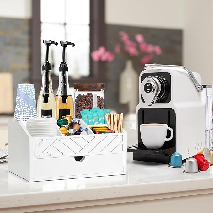 Coffee Bar Organizer with Drawer, Coffee Station Organizer for Countertop, Wood Coffee Bar Accessories Organizer for Coffee Bar Decor, Farmhouse Coffee Cup Pod Holder Condiment Organizer(White)-NeatNest