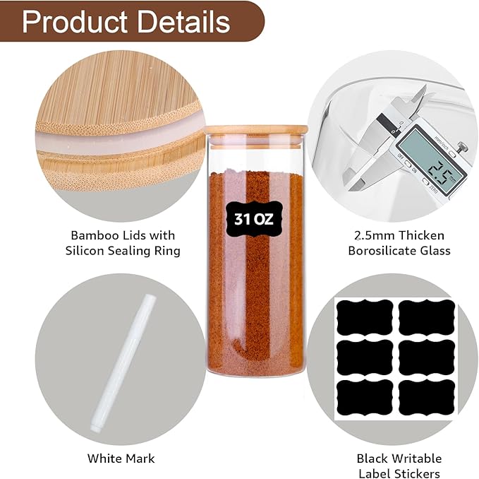 Glass Food Jars with Lids,31oz Glass Storage Containers with Airtight Bamboo Lids,Round Glass Canister Set of 4, Pantry Organizers and Storage for Cookie Flour Oat Pasta Tea Coffee Bean