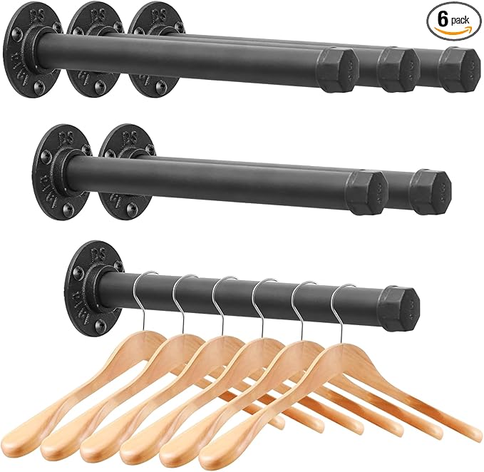 Cast Iron Wall Mounted Clothes Rack, Heavy Duty Industrial Pipe Clothing Rack for Hanging Clothes, Garment Racks for Wardrobe Organizers and Storage, DIY Closet Rods Closet Bar (Black 6 Pack, 12 in)-NeatNest