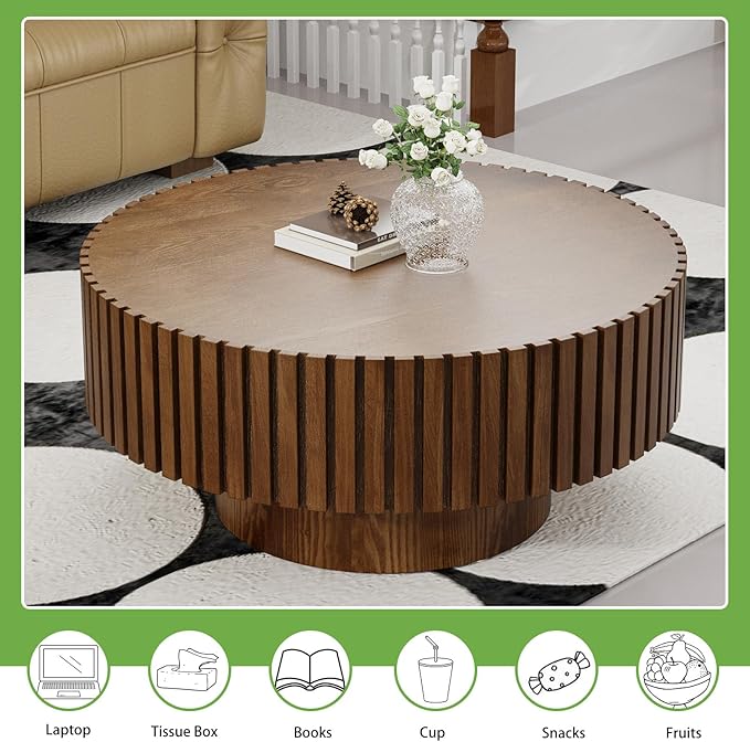 Artisan-Crafted Round Fluted Coffee Table - Solid Wood Drum Base with Detailing, Handmade Circular Centerpiece for Living Room, Rustic Modern Home Decor (D Walnut 31in)