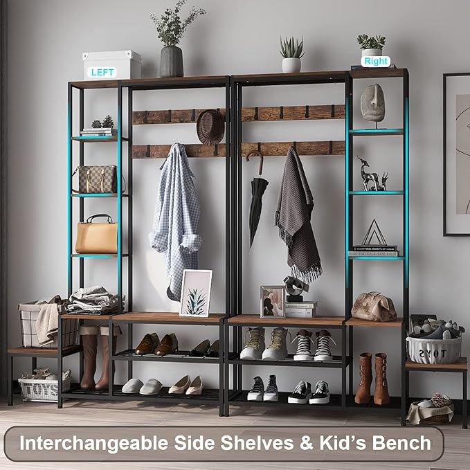 Hall Tree with Shoe Storage Bench Coat Rack with 7 Hooks Interchangeable 4 Tier Side Storage Shelves Small Cute Side Bench Industrial 5-in-1 Entryway Coat Rack for Hallway Mudroom Bedroom