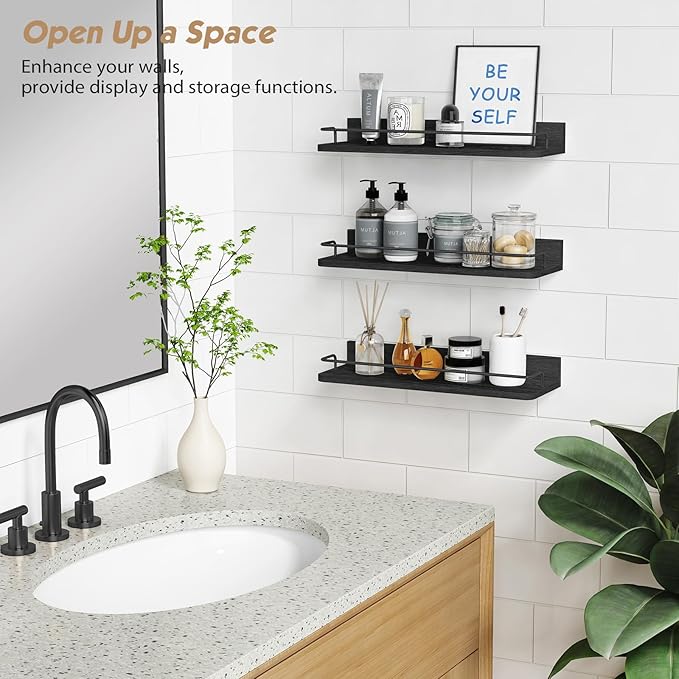 Forbena Black Floating Shelves for Wall, Bahtroom Wall Shelves Over Toilet, Rustic Hanging Shelf with Lip Rail for Bedroom Kitchen Office Living Room Picture Photo Decor, 17 Inch Long-Set of 3-NeatNest