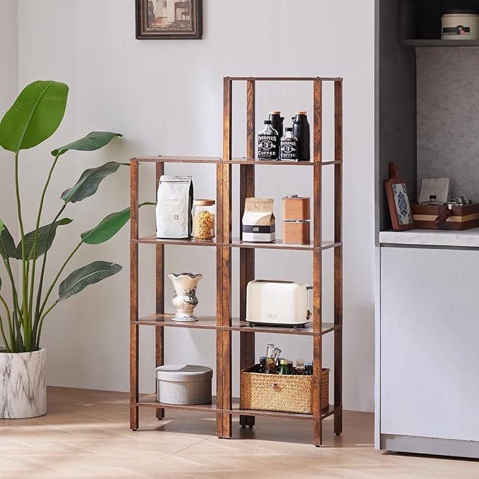 4 Tier Tall Wooden Bookshelf with Storage - Small Bookcase for Small Spaces, Shelf for Living Room, Office, Bedroom, Kitchen - Industrial Retro Brown Book Shelf
