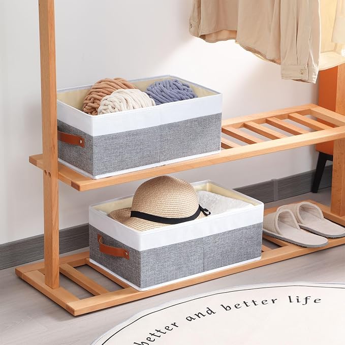 Clothing Storage Bins, Clothes Boxes with Handles, Baskets for Organizing, Fabric bins for Shelves, 13 × 9.1 × 5.5 inch, 2 Pack, White and Grey-NeatNest