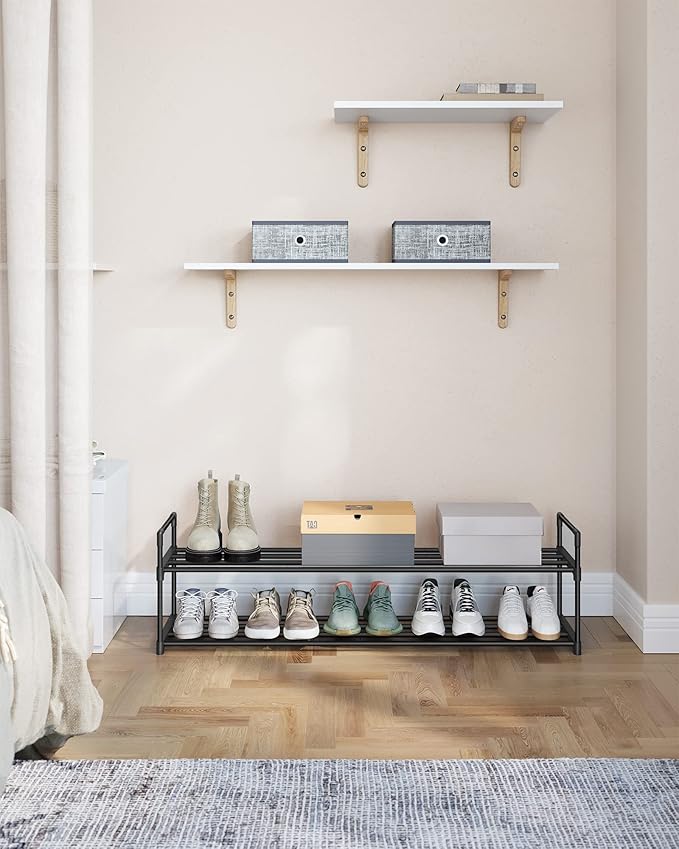 SONGMICS Shoe Rack, 2-Tier Shoe Organizer, Metal Storage Shelf, Upright or Upside Down, for 15-18 Pairs, Stackable, for Entryway, 11.8 x 46.1 x 13.4 Inches, Black ULSA032B01-NeatNest