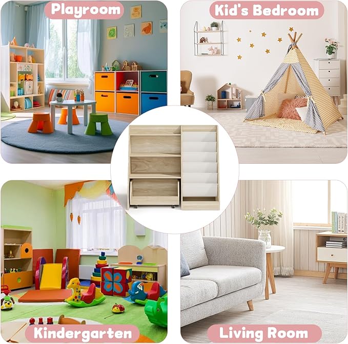 COZPAW Kids Bookshelf and Toy Storage, 4 Tier Toddler Bookshelf with Movable Drawer 5 Sling Pockets, Montessori Book Shelf for Kids Room, Playroom, Nursery (Oak)-NeatNest