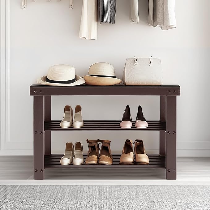 Sweetcrispy Shoe Rack Bench, 3-Tier Bamboo Entryway Storage Organizer, 286lb Capacity, Shoes Stand for FrontDoor Entrance, Bedroom, Living Room, Bathroom, Balcony, 11.3 x 27.6 x 17.8 Inches, Brown-NeatNest