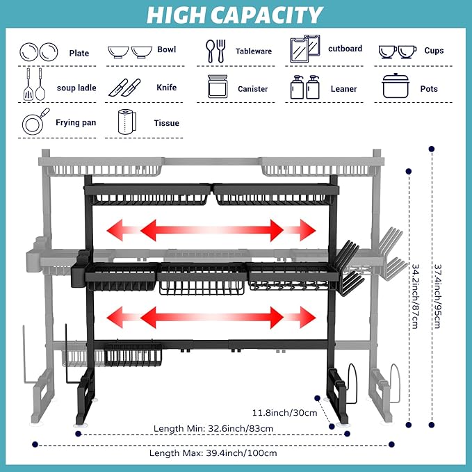 ADBIU Over The Sink Dish Drying Rack (Expandable Height and Length) Snap-On Design 2 Tier Large Dish Rack 31-39.4L x 12W x 34-38H inches