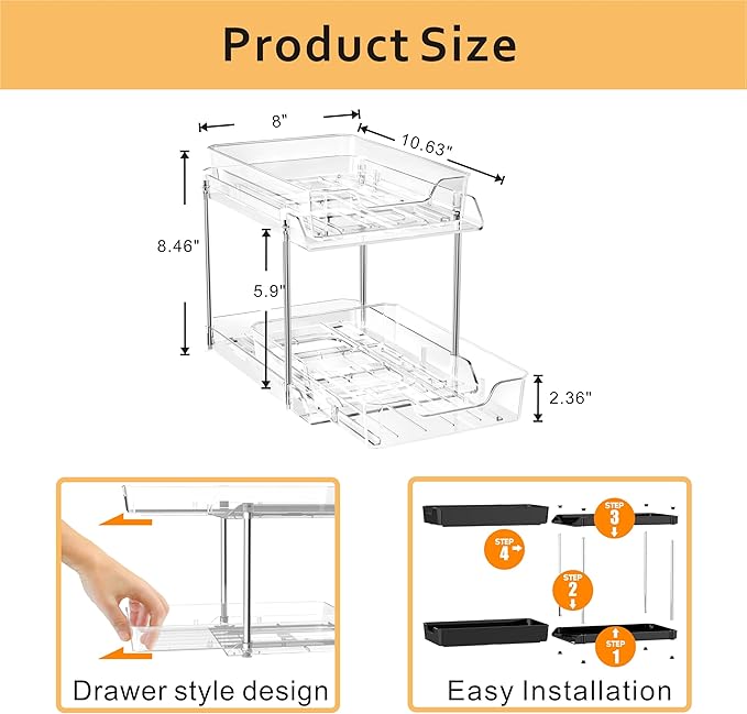 JLKDQ 4 Pack Bathroom Under Sink Organizers and Storage, 2-Tier Pull Out Medicine Cabinet Organizing- Kitchen, Pantry, Medicine Storage Bins, Vanity Makeup.(Clear,10.63" L x 8.0" W x 8.46" H).-NeatNest