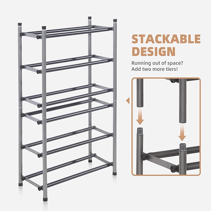 STORAGE MANIAC Expandable Shoe Rack, 12 Pairs Stackable Small Shoe Rack, Metal Adjustable Shoes Organizer for Closet, Entryway, Hallway, Garage, Front Door, Shoes Shelves, Black 3 Tier-NeatNest