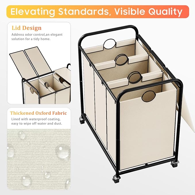 180L (47.55 Gal) Laundry Sorter 3 Section, Rolling Laundry Basket with Lockable Wheels and Lid, Laundry Hamper with 3 Separated Removable Bags Dirty Clothes Hamper for Laundry Room Organizer, White-NeatNest