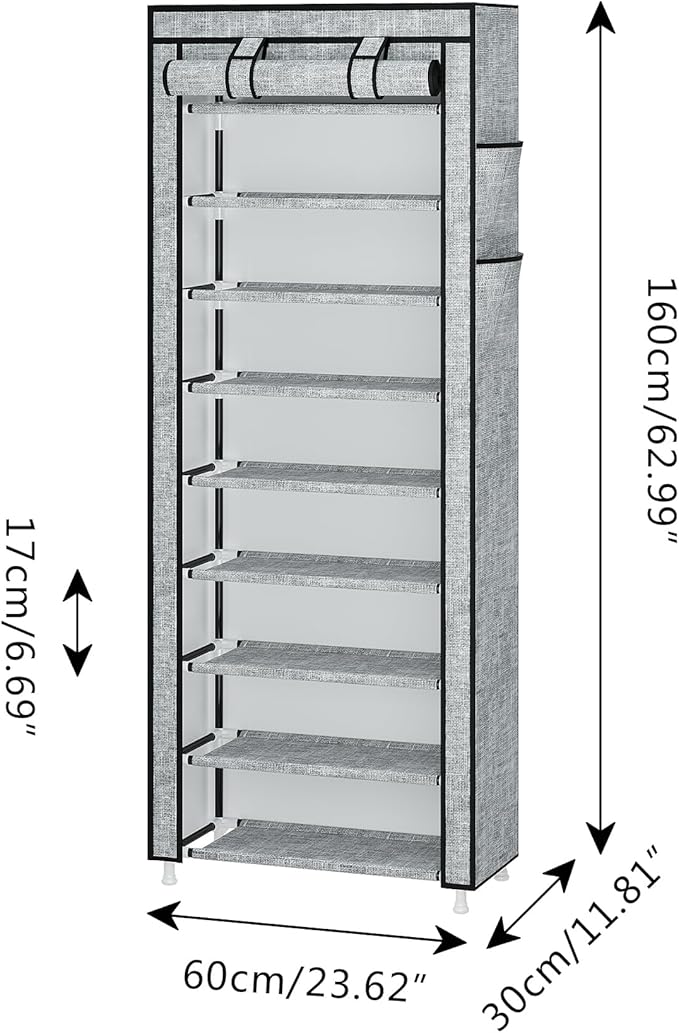 Calmootey 9 Tier Shoe Rack Organizer,Portable Shoe Shelf with Nonwoven Fabric Cover for Closet Hallway,Bedroom,Entryway, Ash Grey-NeatNest