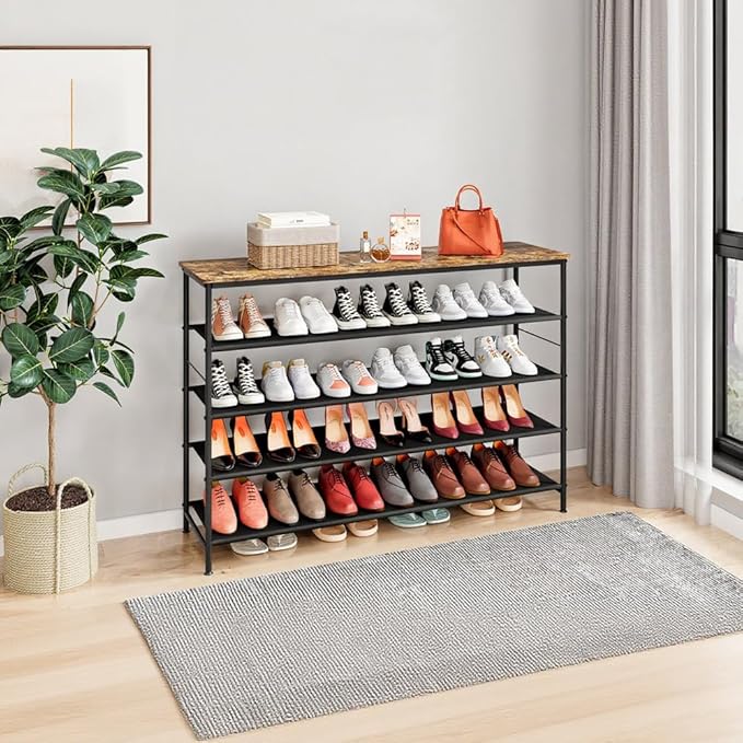 Shoe Rack Organizer 5 Tier Long Metal Organizer Shelf with Industrial MDF Board and Layer Fabric for Entryway Closet Bedroom Living Room Garage,Black & Rustic Brown-NeatNest