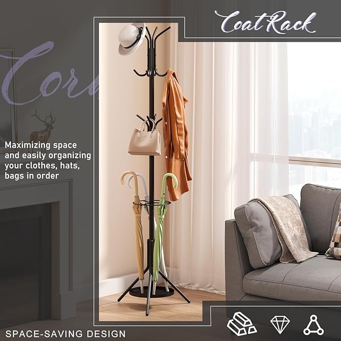 Coat Rack Freestanding,Entryway Hanger Stand,Umbrella Holder,Hall Tree With 12 Hooks, Floor Standing Metal Tree Stand,Black-NeatNest