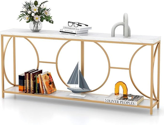 Giantex 71" Console Table, 2-Tier Extra-Long Gold Entryway Table w/Storage Shelf, Faux Marble Top, Narrow Sofa Table with Geometric Frame, Behind Couch Entry Table for Living Room, Hallway, Foyer-NeatNest