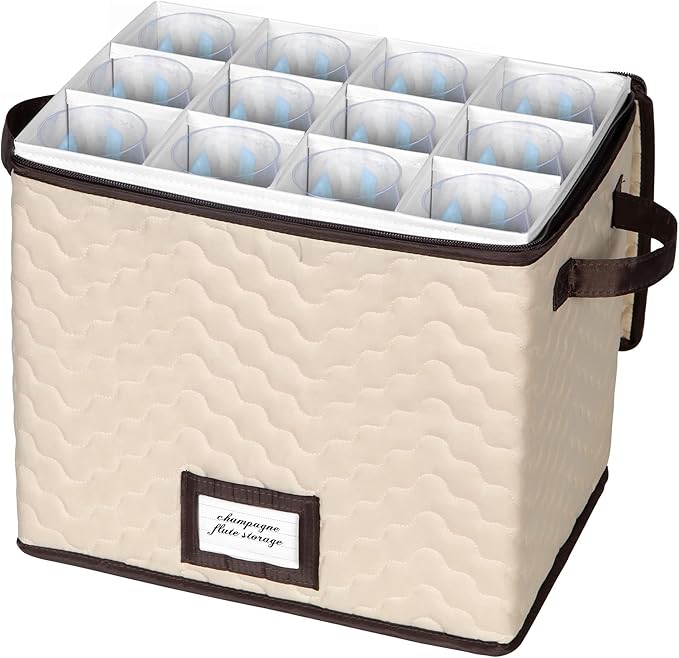 Champagne Flute Glass Storage Box with Dividers - Holds 12 Champagne Flute Glass up to 3" Wide - Stemware Storage Case - Protects Fine China - Durable Quilted Microfiber Bin with Carry Handles-NeatNest
