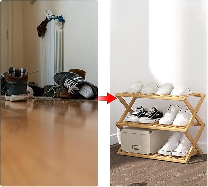 3 Tier Bamboo Shoe Rack,Portable Folding Shoe Storage Rack,Without Installation Small Shoe Rack Perfect for Corridors, Bedrooms and Small Spaces (3 Tier)-NeatNest