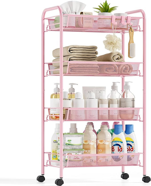 4-Tier Metal Utility Cart, Mesh Wire Rolling Cart on Wheels, Storage Trolley with Easy Assembly, Organizer Craft Cart 3 Hooks, Mobile Shelving Unit for Bathroom, Laundry Room, Home