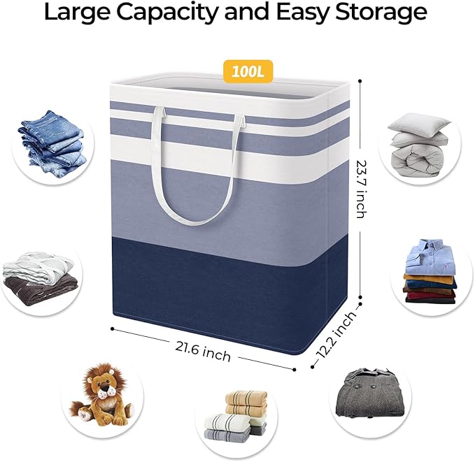 HomeHacks 2-Pack Large Laundry Basket, Waterproof, Freestanding Laundry Hamper, Collapsible Tall Clothes Hamper with Extended Handles for Clothes Toys in the Dorm and Family (Blue, 100L)-NeatNest