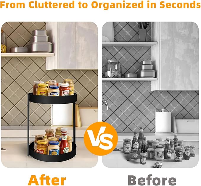 2 Tier Metal Lazy Susan Organizer, 12 Inch Rotating Turntable Double Lazy Susans for Cabinet Kitchen Bathroom, Anti-Rust Two Tiered Spinner Tray Carousel Organizer for Spice Rack Countertop Black-NeatNest