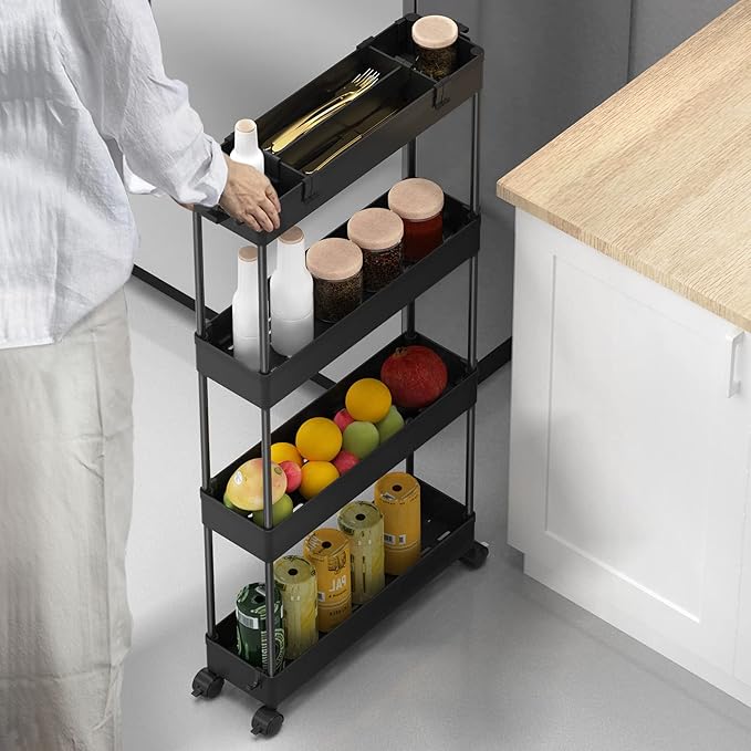 SPACELEAD Slim Storage Cart 4 Tier,Bathroom Organizer Rolling Utility,Mobile Shelving Unit Slide Out for Office, Kitchen, Laundry Room & Narrow Places,Black-NeatNest