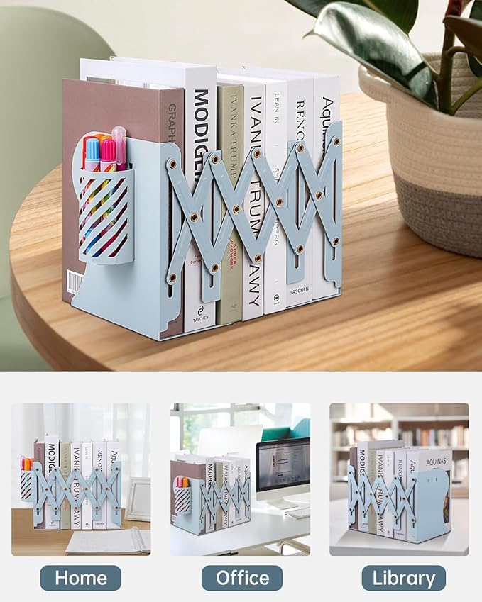 Honagu Adjustable Bookends, Metal Book Ends for Shelves Heavy Book, Desk Magazine File Organizer for Home, Office, Books, Papers, Extends up to 19 inches with Pen Holder (Light Blue)