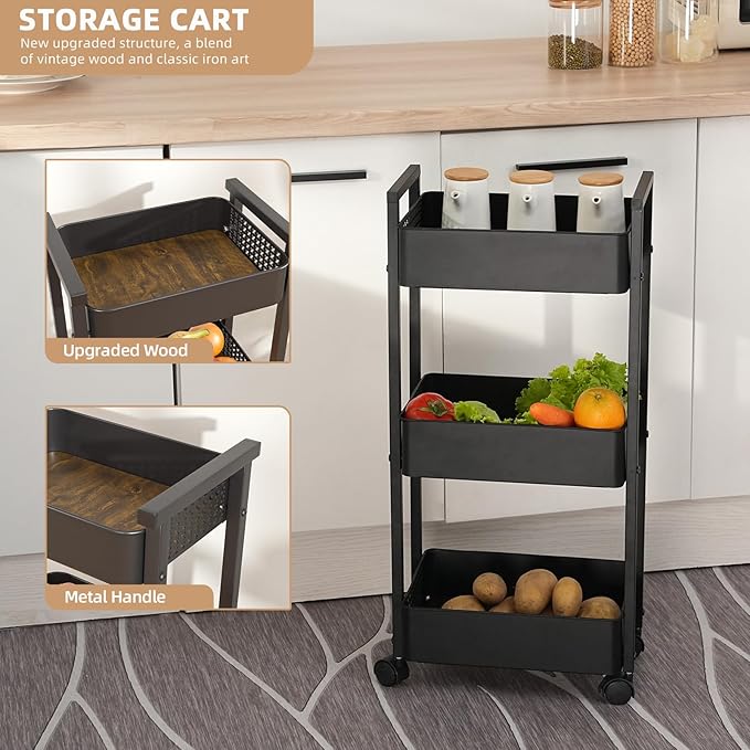 CHPHI 3 Tier Rolling Utility Cart Organizer, Stable and Sturdy Black Rolling Storage Carts with 2 Lockable Wheels,Perfect for Bathroom, Kitchen, Snack, Craft, Makeup, Baby Essentials
