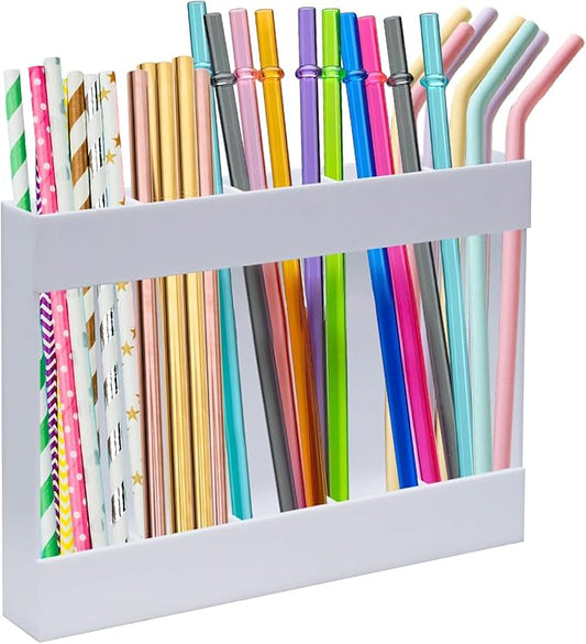Acrylic Straw Holder Dispenser with Double Sided Adhesive Tape Reusable Tumbler Lid Straw Organizer Storage Container for Counter Cabinet Cupboard Kitce (White)