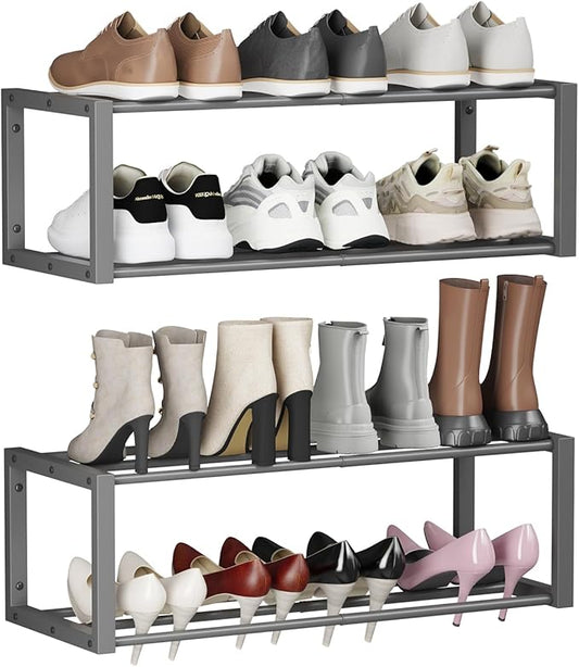 Homeiju Hanging Shoe Organizer,2 Pack Wall Mounted Shoe Rack Holds 12 Pairs,Space Saving Metal Wall Shoe Rack,Hanging Shoe Rack Shoe Holder for Small Space,Entryway,Closet,RV,Camper (Grey)-NeatNest