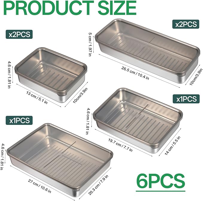 6 Pack Bacon Cheese Container for Refrigerator, 304 Stainless Steel Airtight Deli Meat Storage with Lids for Fridge, Dishwasher Safe Food Organizer for Lunch Meat Vegetables Fruits in 4 Sizes