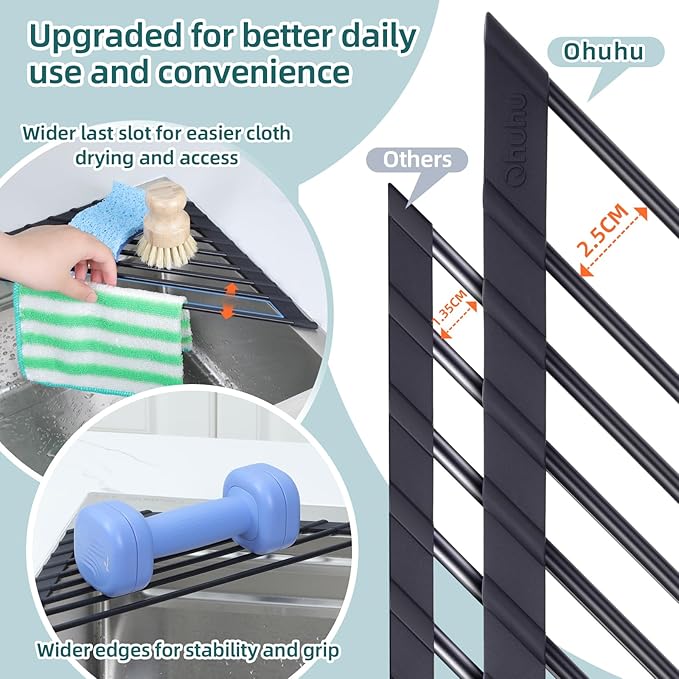 Corner Sink Caddy, Ohuhu Sponge Holder for Kitchen Sink Organizer Silicone Wrapped Steel Anti Slip Rust Triangle Over the Sink Dish Drying Rack for Sink Corner Multipurpose Drainer Trivet Space-Saving-NeatNest