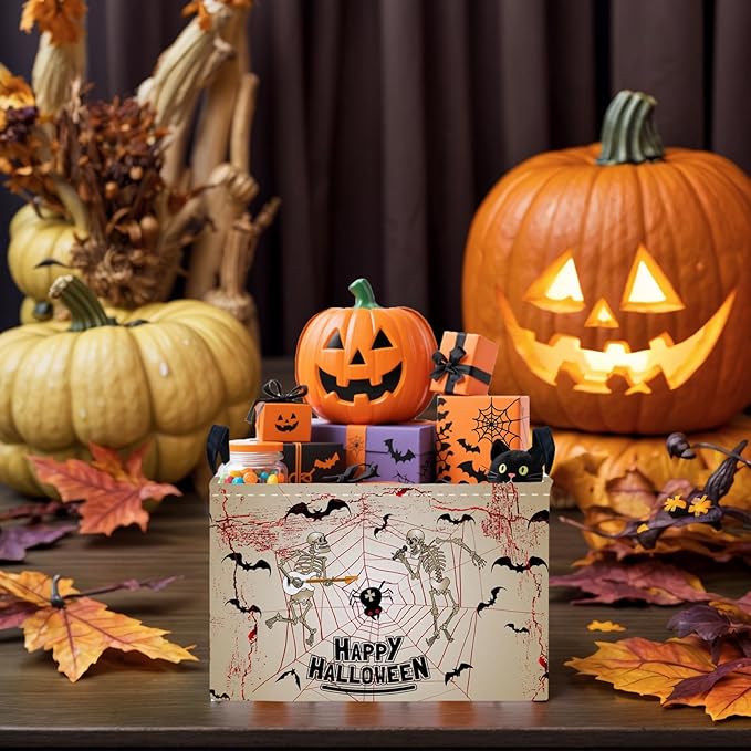Halloween Basket Gift Terror Ghost Parties Decor Kid Trick or Treat Basket for Boys and Girls Rectangular Storage Bin Box (Skeleton Bat)-NeatNest