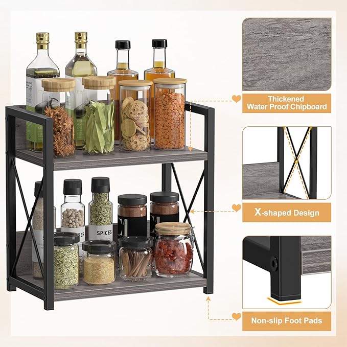 Giikin Countertop Shelf Organizer, 2 Tier Coffee Organizer for Desktop, Grey Counter Shelf Spice Rack for Kitchen (Grey, M)-NeatNest
