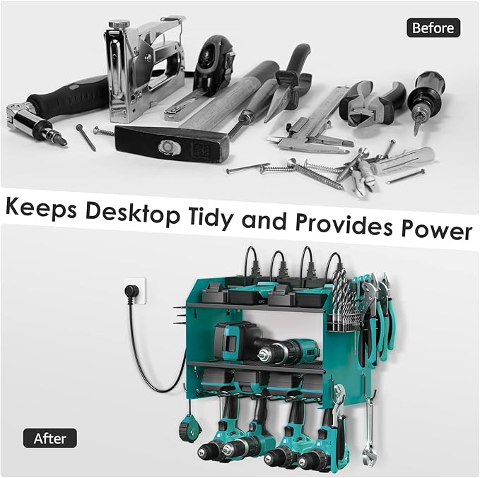 CCCEI Modular Power Tool Organizer Wall Mount with Charging Station. Garage 4 Drill Storage Shelf with Hooks, Drill Bit Heavy Duty Rack, Navy Blue Tool Battery Holder Built in 8 Outlet Power Strip.-NeatNest