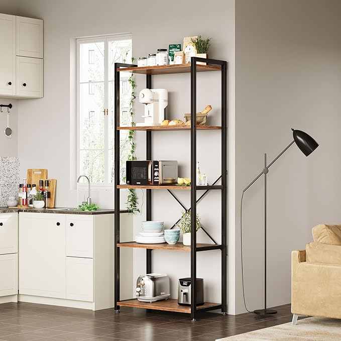 Casaottima Book Shelf, 5 Tier Bookshelf, Modern Wood Bookcase Shelves for Bedroom, Industrial Display Shelf for Living Room Home Office Kitchen, Standing Shelving Unit Storage Organizer, Vintage-NeatNest