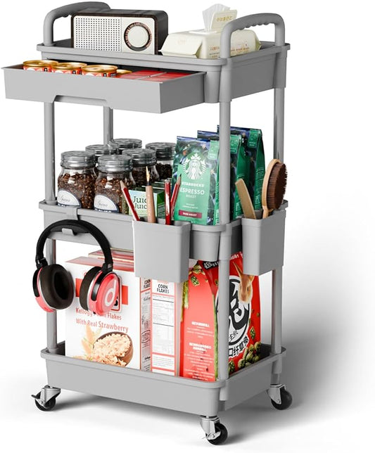 3 Tier Rolling Cart Organizer,Laundry Room Bathroom Organizers and Storage Office Shelves Mobile Shelving Unit Kitchen Trolley Cart with Wheels for Art,Craft,Diaper,Bedside,Snack(Grey)-NeatNest