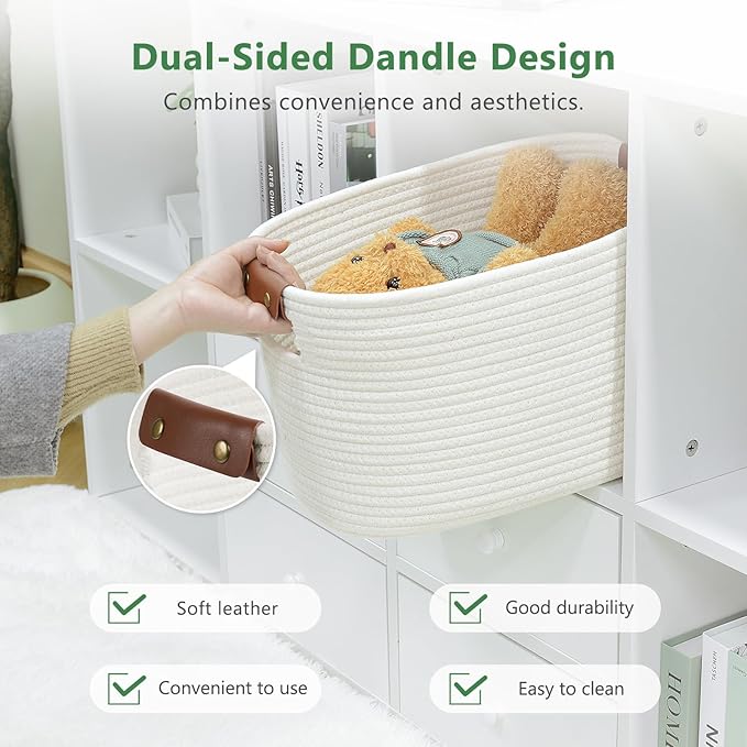 Cotton Rope Basket , Storage Baskets with Handle, 15x10x9 Inch Woven Basket for Shelves, Laundry, Towels, Clothes, Books, Toys (White 1Pack)-NeatNest